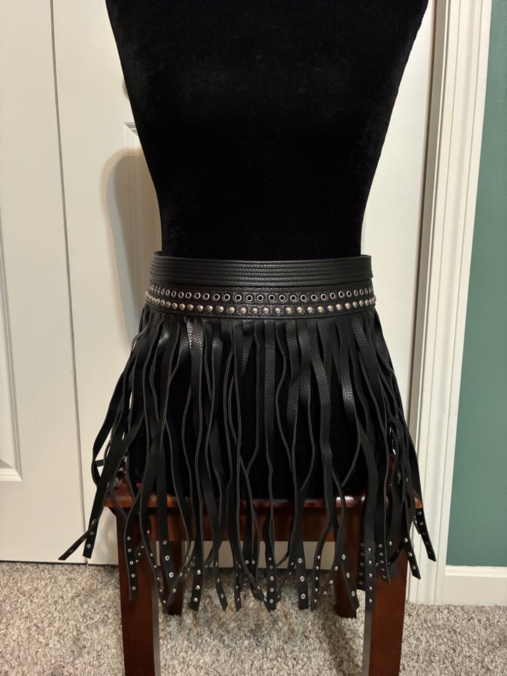 BCBGMaxAzria Black Studded Fringe Leather Belt
